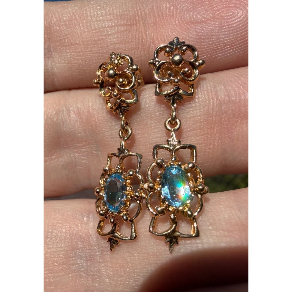 Antique 14k Solid Yellow Gold Filigree Engraved Natural Topaz Dangle Earrings
